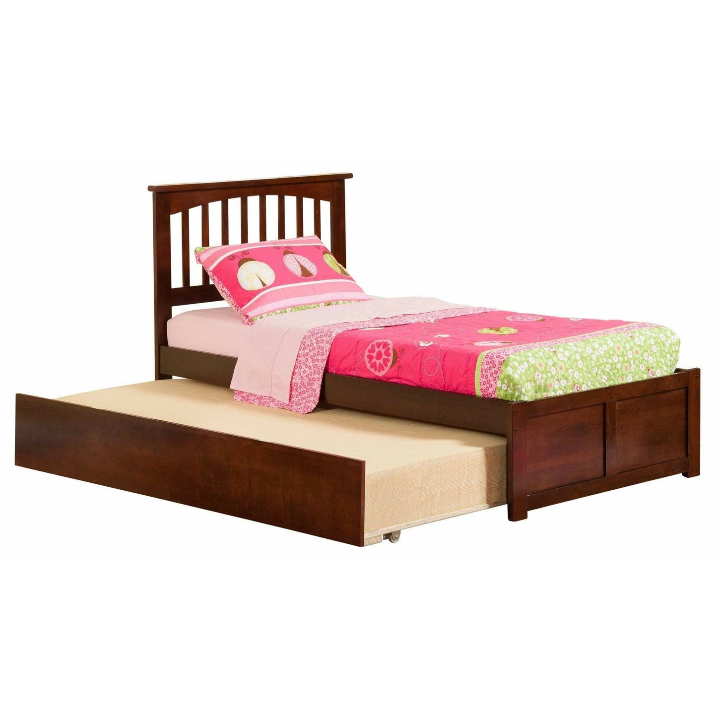 Atlantic Furniture Bed walnut Mission Twin Platform Bed with Flat Panel Foot Board and Twin Size Urban Trundle Bed in Espresso