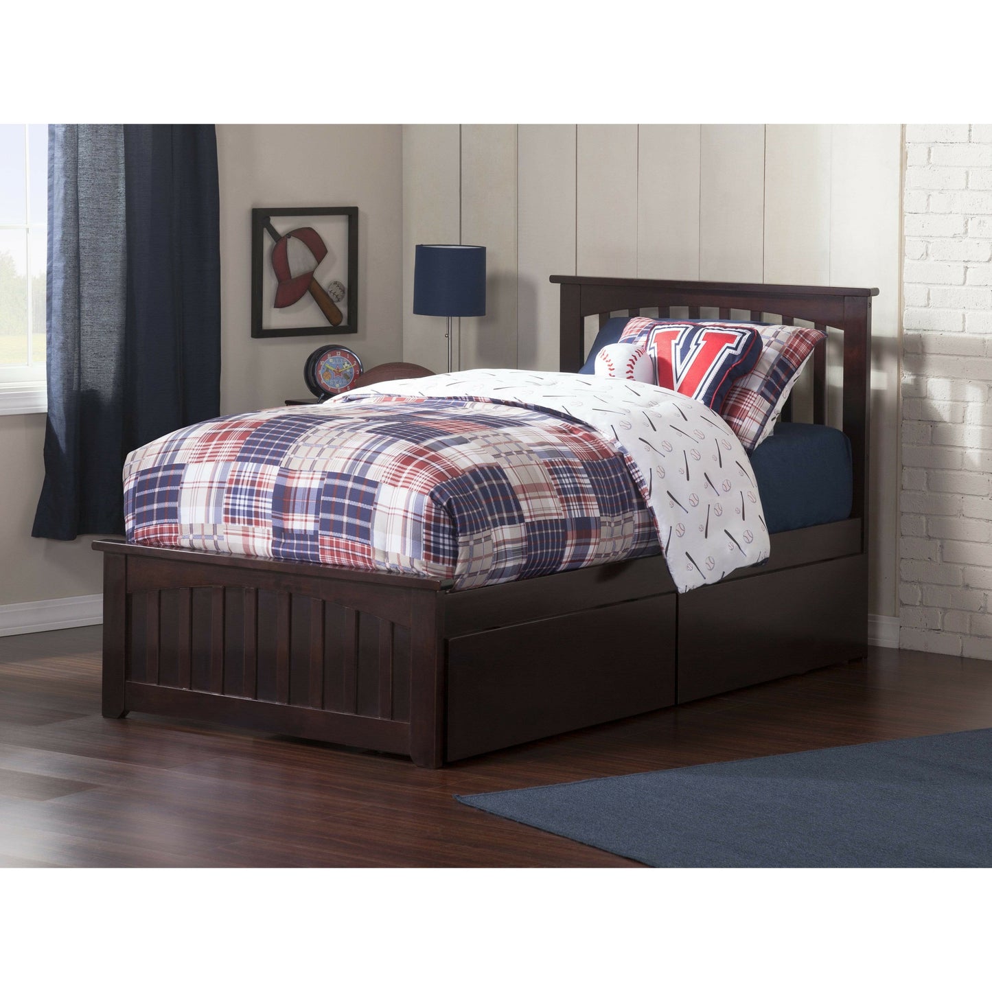 Atlantic Furniture Bed Mission Twin Platform Bed with Matching Foot Board with 2 Urban Bed Drawers in Espresso