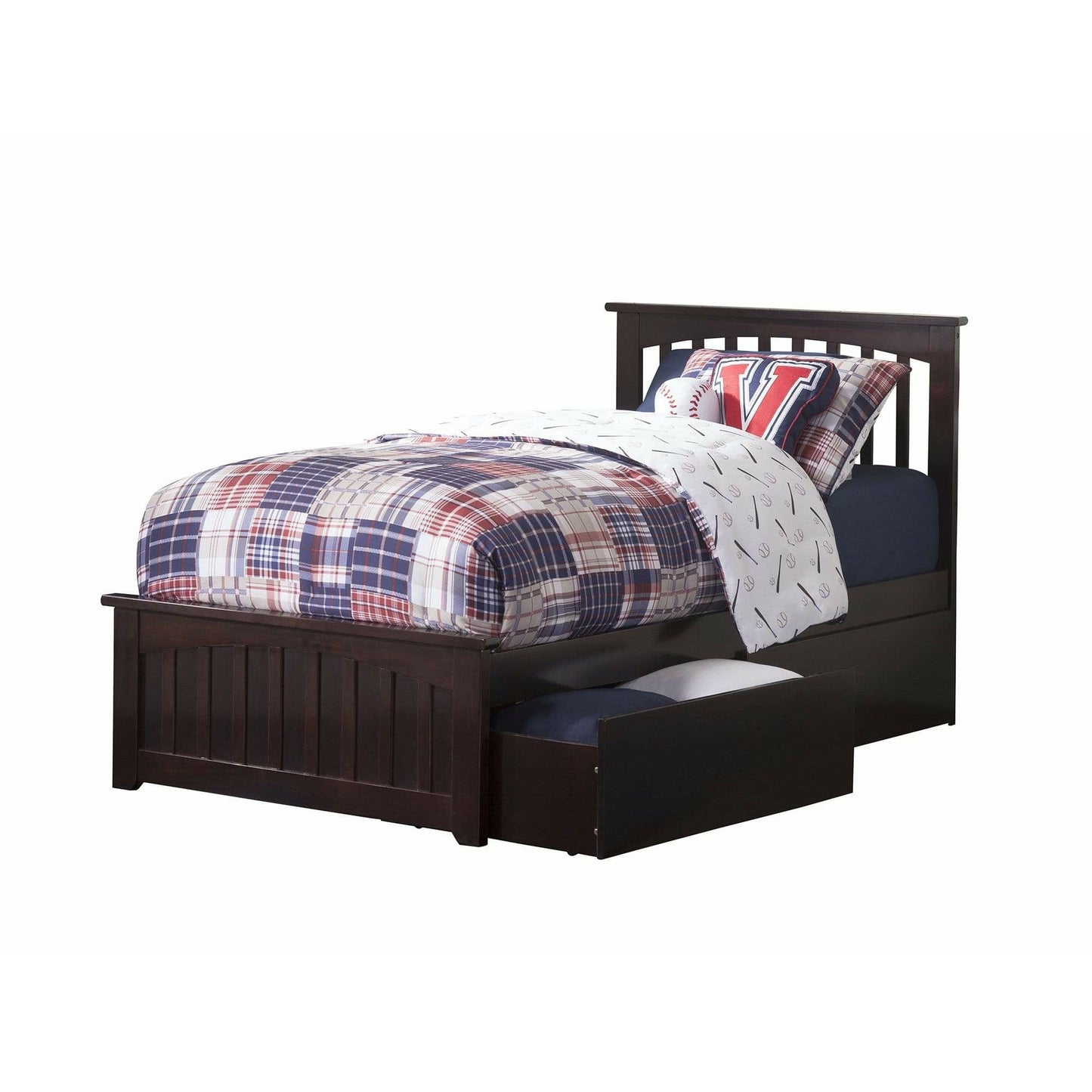 Atlantic Furniture Bed Espresso Mission Twin Platform Bed with Matching Foot Board with 2 Urban Bed Drawers in Espresso