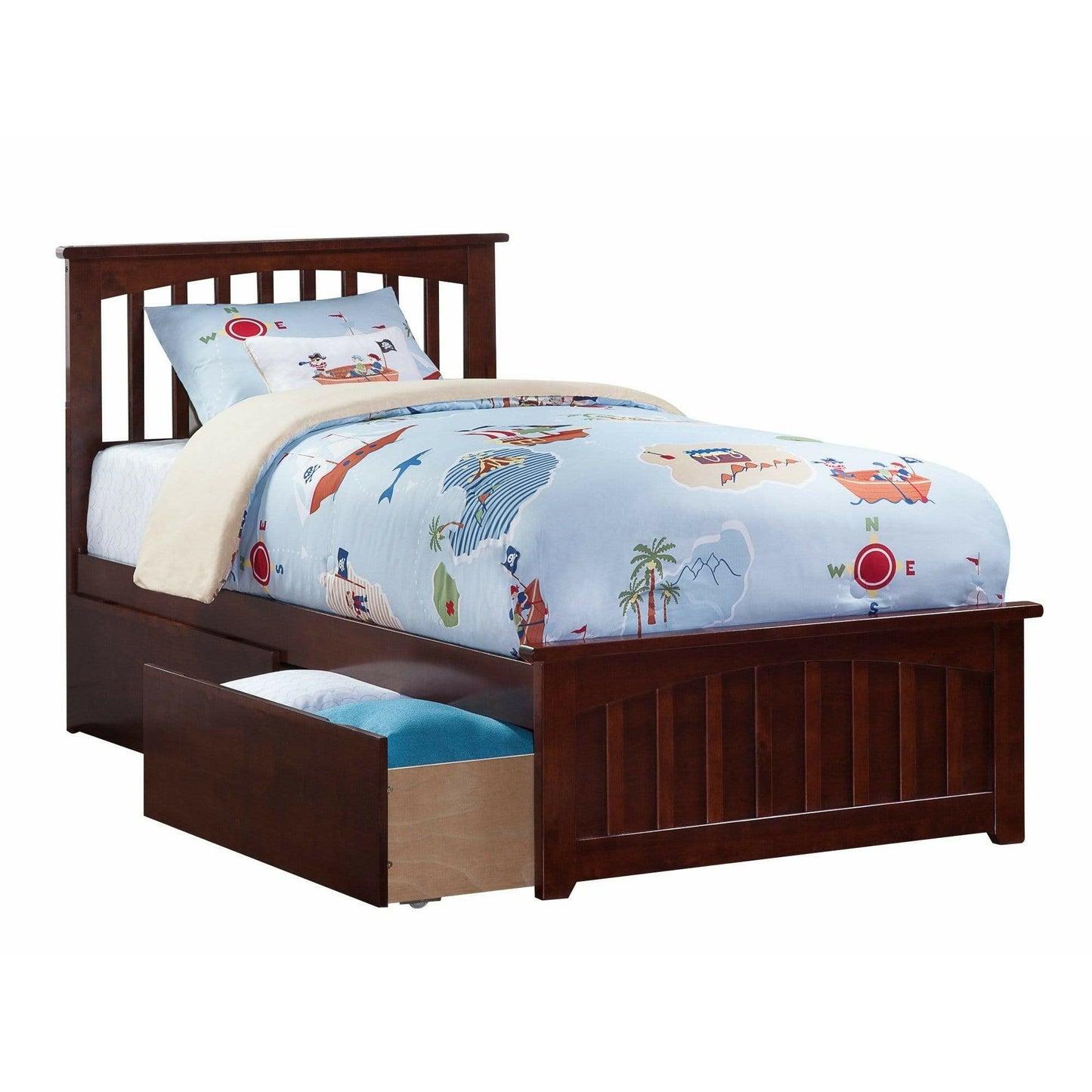 Atlantic Furniture Bed walnut Mission Twin Platform Bed with Matching Foot Board with 2 Urban Bed Drawers in Espresso