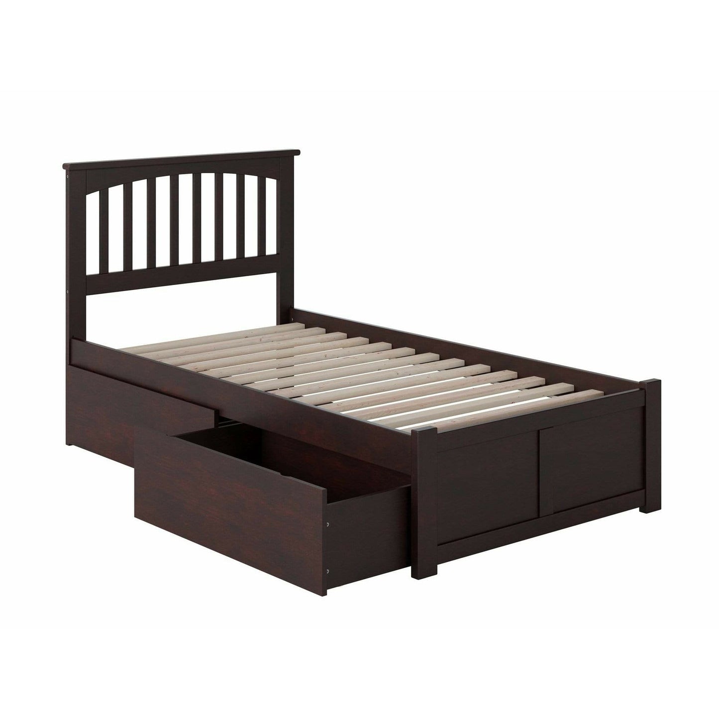 Atlantic Furniture Bed Mission Twin XL Platform Bed with Flat Panel Foot Board and 2 Urban Bed Drawers in Espresso.