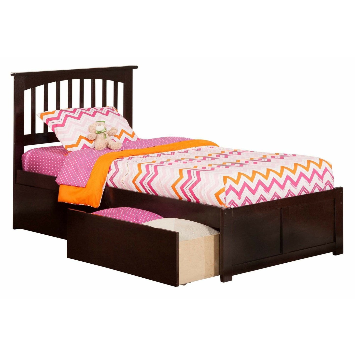 Atlantic Furniture Bed espresso Mission Twin XL Platform Bed with Flat Panel Foot Board and 2 Urban Bed Drawers in Espresso.