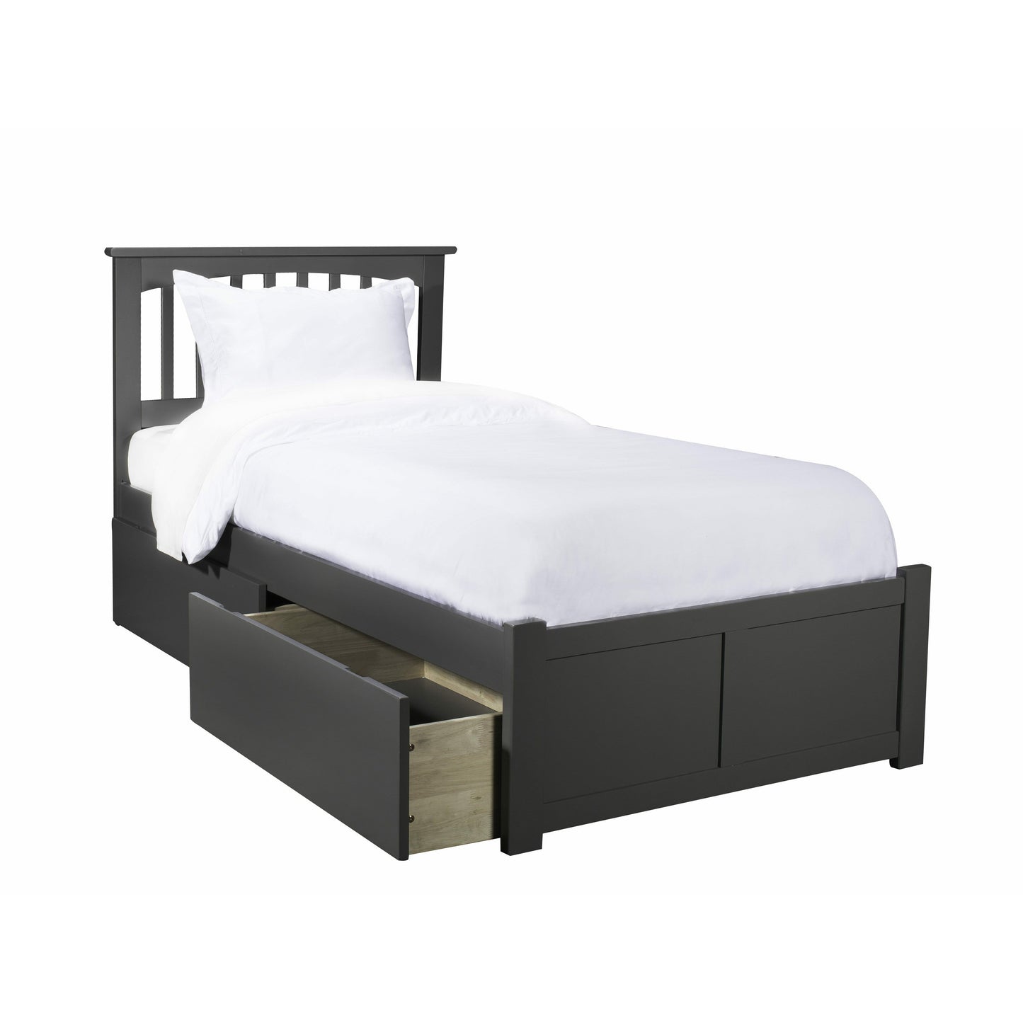 Atlantic Furniture Bed grey Mission Twin XL Platform Bed with Flat Panel Foot Board and 2 Urban Bed Drawers in Espresso.