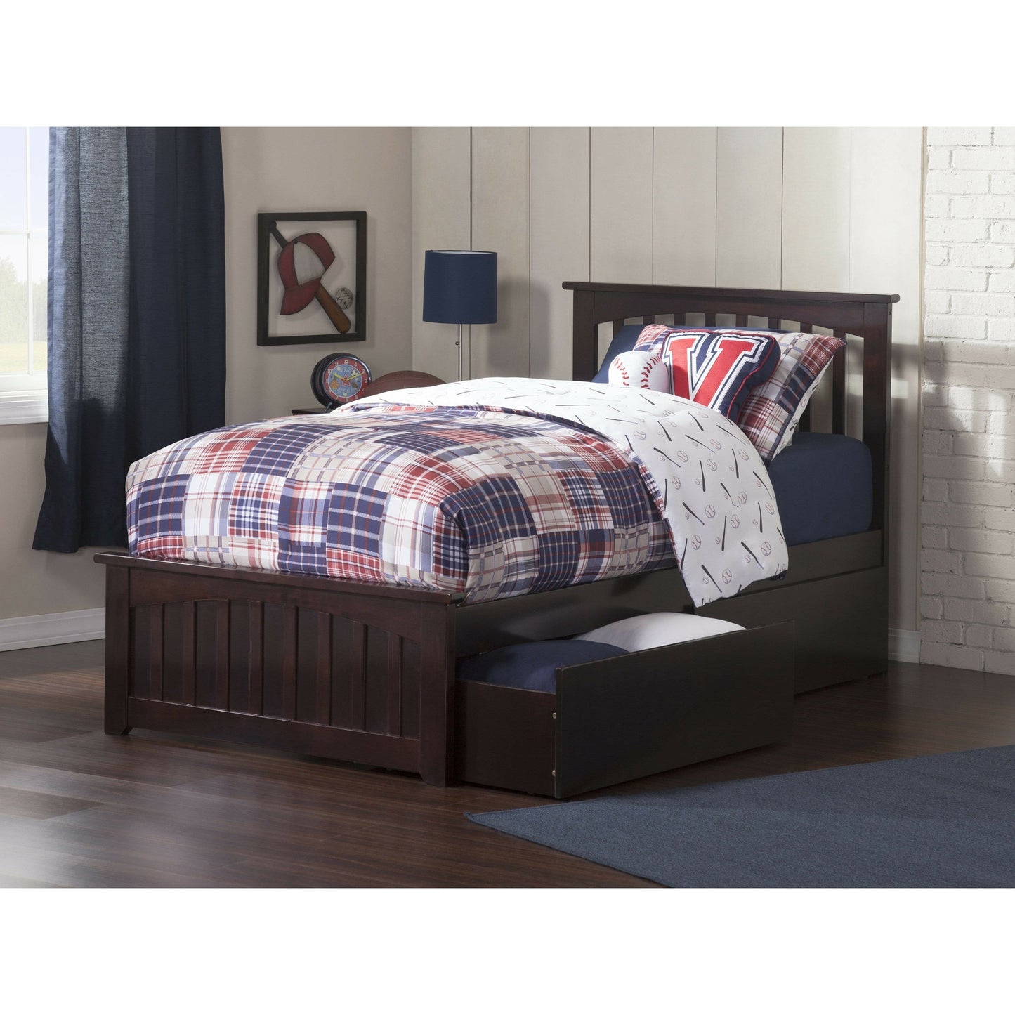 Atlantic Furniture Bed Espresso Mission Twin XL Platform Bed with Matching Foot Board with 2 Urban Bed Drawers in White