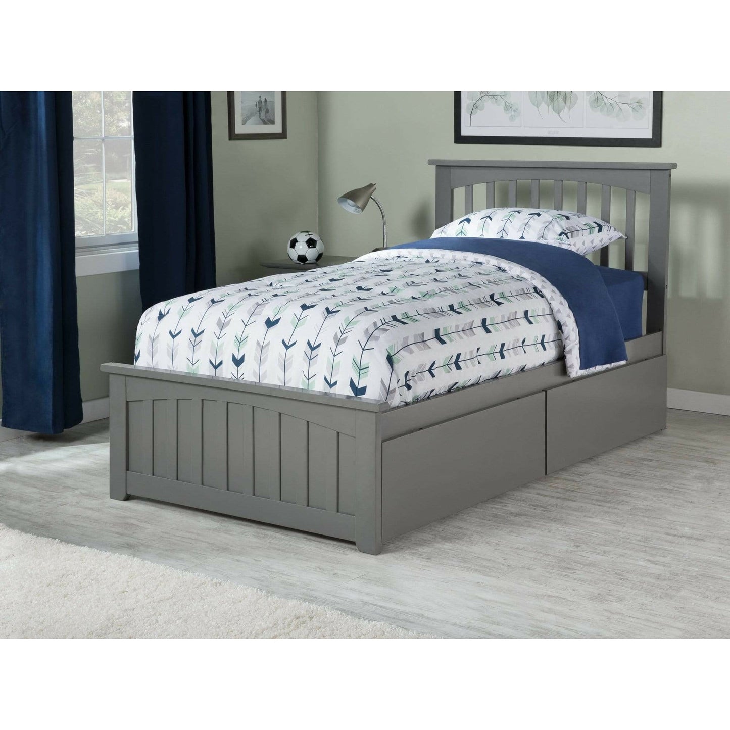 Atlantic Furniture Bed Grey Mission Twin XL Platform Bed with Matching Foot Board with 2 Urban Bed Drawers in White