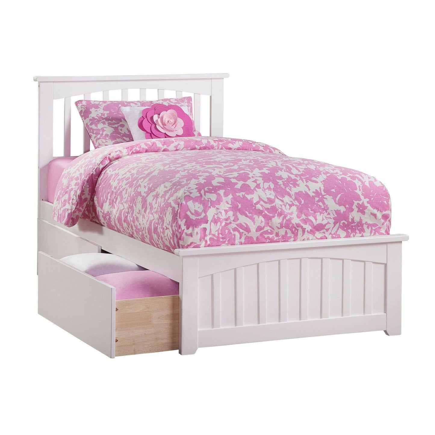 Atlantic Furniture Bed White Mission Twin XL Platform Bed with Matching Foot Board with 2 Urban Bed Drawers in White