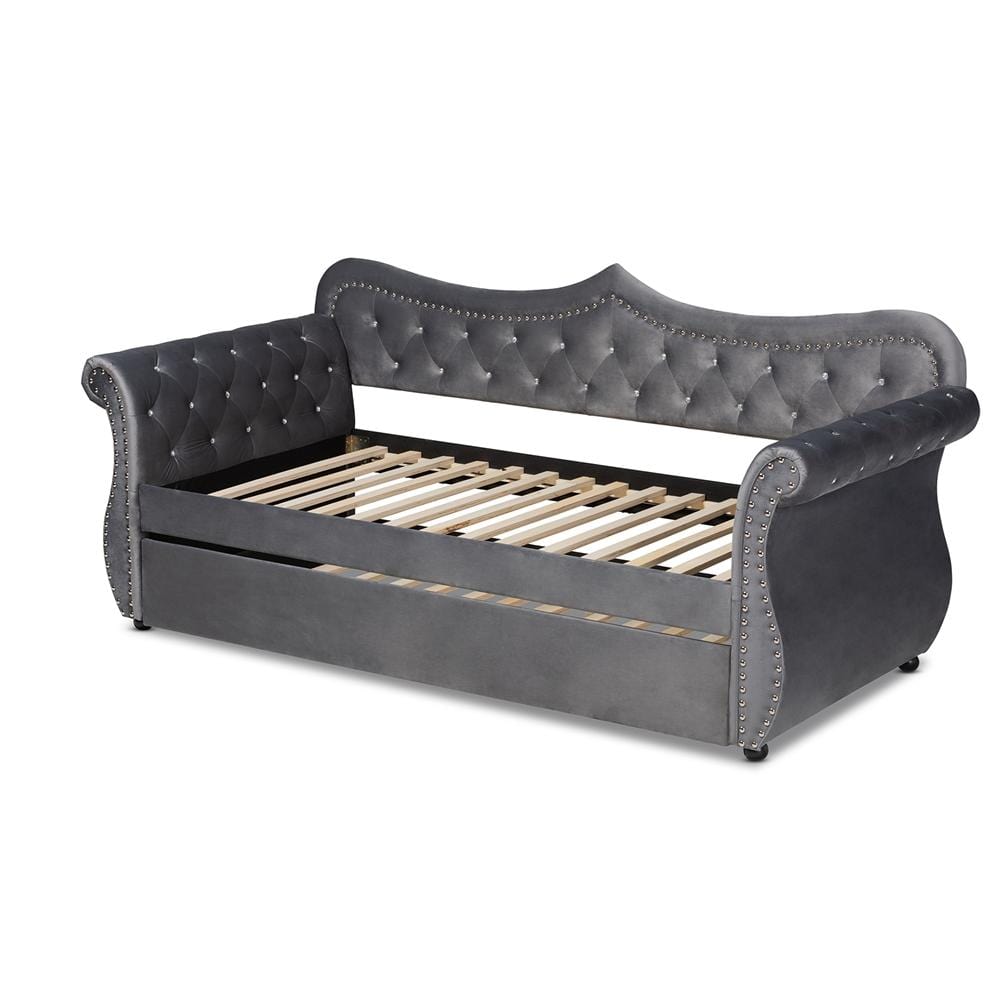 Baxton Studios Daybed Baxton Studio Abbie Traditional and Transitional Velvet Fabric Upholstered and Crystal Tufted Daybed with Trundle