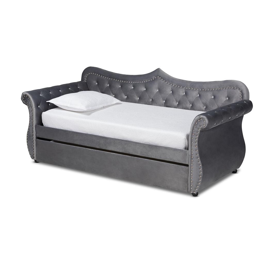 Baxton Studios Daybed Twin / Grey Baxton Studio Abbie Traditional and Transitional Velvet Fabric Upholstered and Crystal Tufted Daybed with Trundle