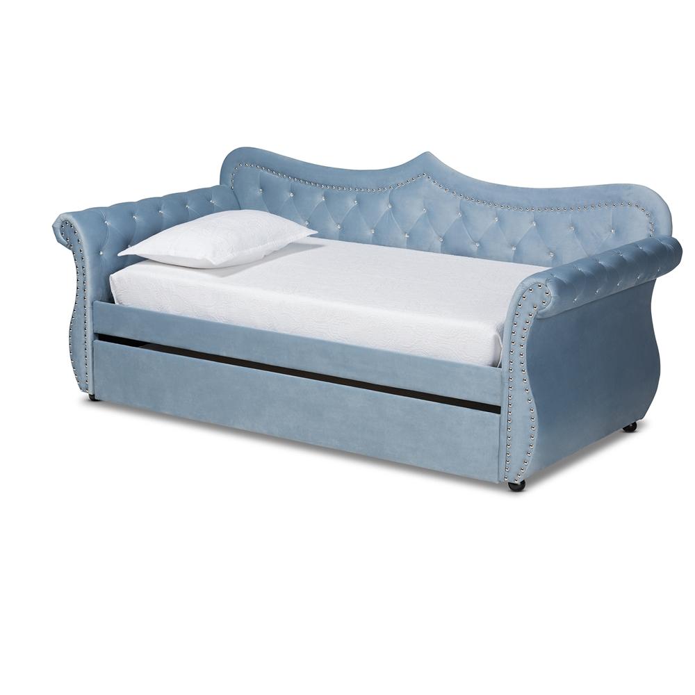 Baxton Studios Daybed Twin / Light Blue Baxton Studio Abbie Traditional and Transitional Velvet Fabric Upholstered and Crystal Tufted Daybed with Trundle