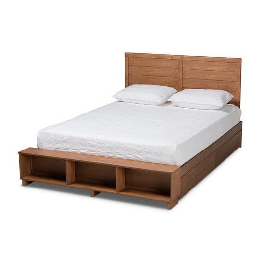 Baxton Studios Bed Queen Baxton Studio Alba Modern Transitional Ash Walnut Brown Finished Wood Queen Size 4-Drawer Platform Storage Bed with Built-in Shelves
