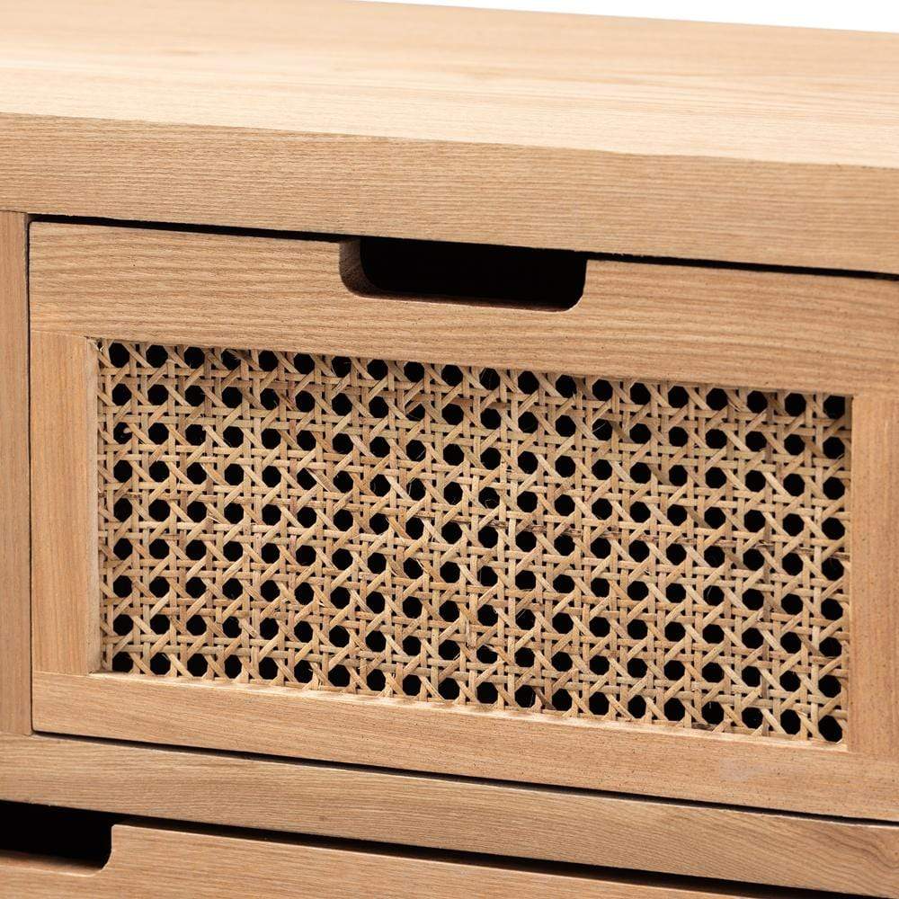Baxton Studios Chests Baxton Studio Alina Mid-Century Modern Medium Oak Finished Wood and Rattan 4-Drawer Accent Chest