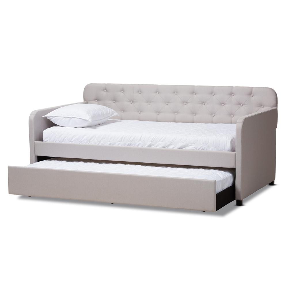 Baxton Studios Daybed Beige Baxton Studio Camelia Modern and Contemporary Beige Fabric Upholstered Button-Tufted Twin Size Sofa Daybed with Roll-out Trundle Guest Bed