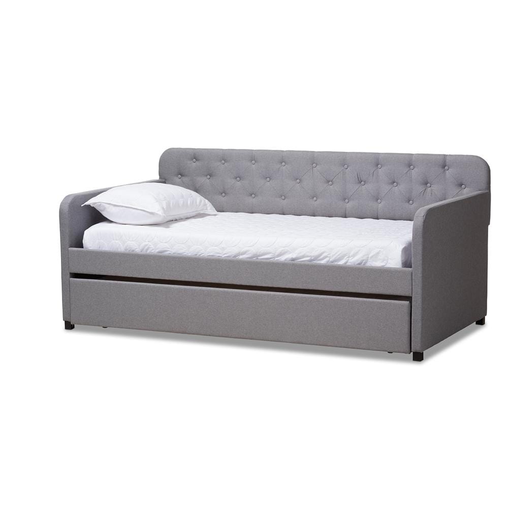 Baxton Studios Daybed Grey Baxton Studio Camelia Modern and Contemporary Beige Fabric Upholstered Button-Tufted Twin Size Sofa Daybed with Roll-out Trundle Guest Bed