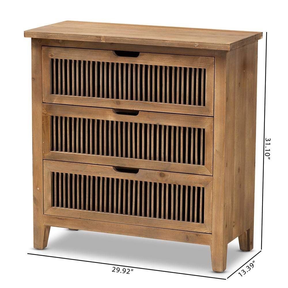 Baxton Studios Chests Baxton Studio Clement Rustic Transitional Medium Oak Finished 3 Drawer Wood Spindle Chest