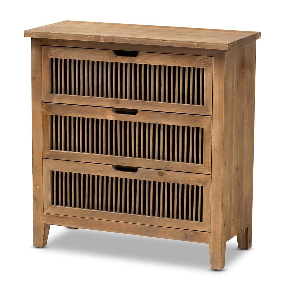 Baxton Studios Chests Baxton Studio Clement Rustic Transitional Medium Oak Finished 3 Drawer Wood Spindle Chest