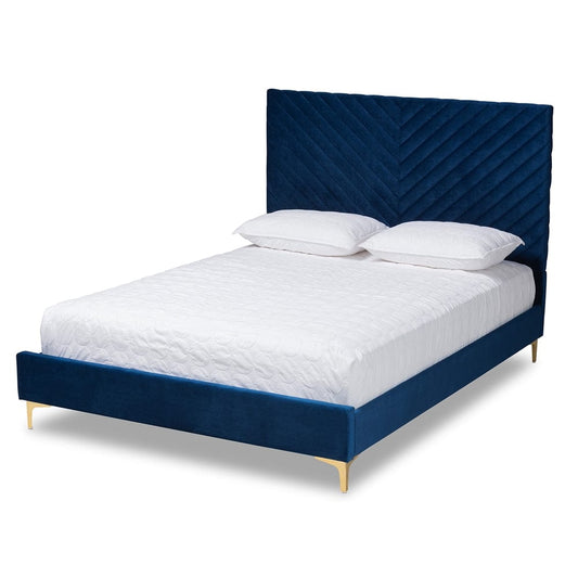 Baxton Studio Baxton Studio Fabrico Blue Velvet Fabric and Gold Metal Full Platform Bed Full BBT61079-Navy Blue Velvet/Gold-Full
