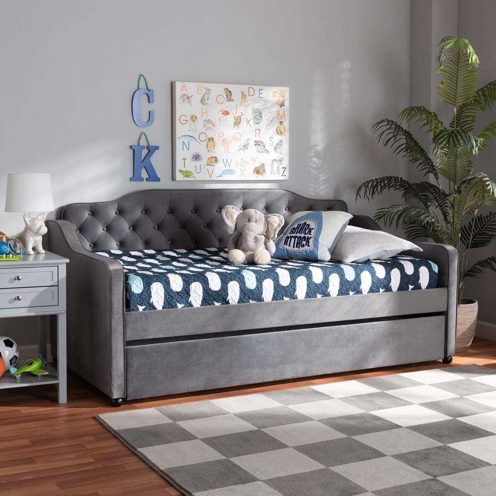 Baxton Studios Daybed Baxton Studio Freda Traditional and Transitional Velvet Fabric Upholstered and Button Tufted Daybed with Trundle