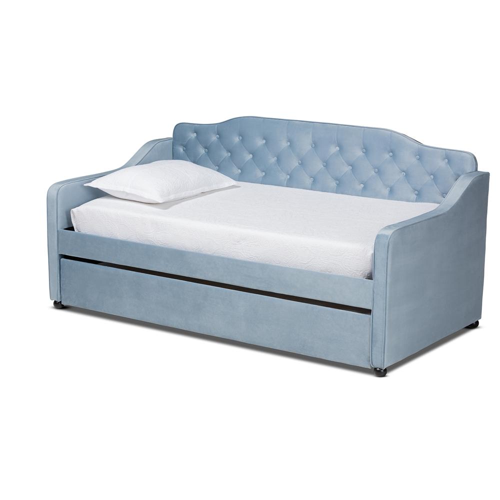 Baxton Studios Daybed Twin / LIGHT BLUE Baxton Studio Freda Traditional and Transitional Velvet Fabric Upholstered and Button Tufted Daybed with Trundle