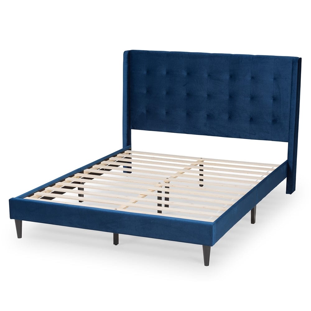 Baxton Studio Baxton Studio Gothard Modern and Contemporary Navy Blue Velvet Fabric Upholstered and Dark Brown Finished Wood Platform Bed
