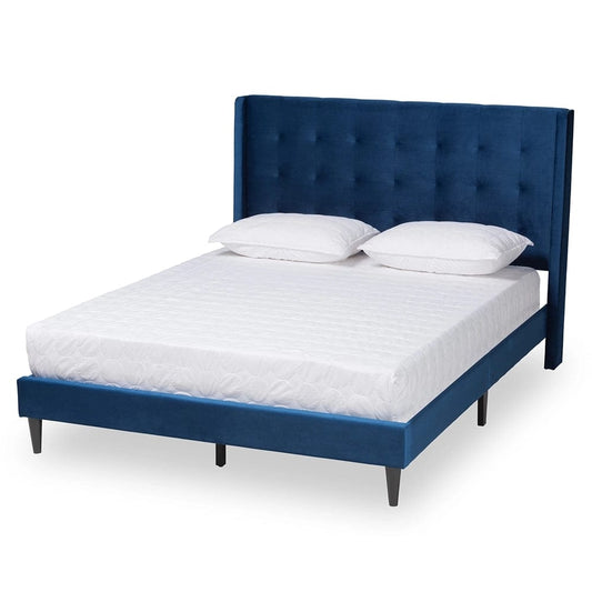 Baxton Studio Baxton Studio Gothard Modern and Contemporary Navy Blue Velvet Fabric Upholstered and Dark Brown Finished Wood Platform Bed Queen DV20811-Navy Blue Velvet-Queen