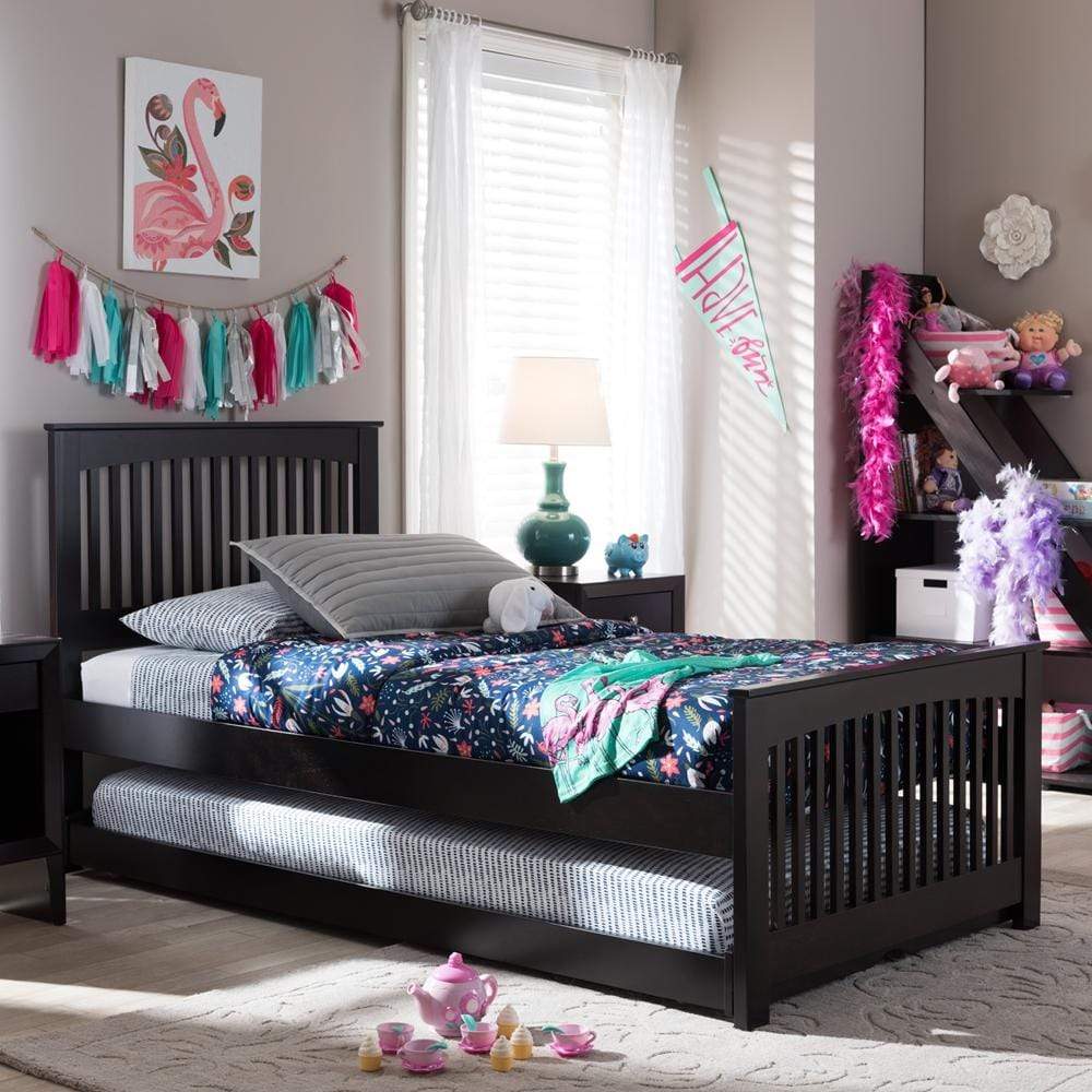 Baxton Studios Bed Baxton Studio Hevea Twin Size Dark Brown Solid Wood Platform Bed with Guest Trundle Bed
