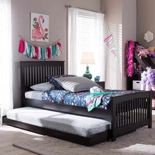 Baxton Studios Bed Baxton Studio Hevea Twin Size Dark Brown Solid Wood Platform Bed with Guest Trundle Bed