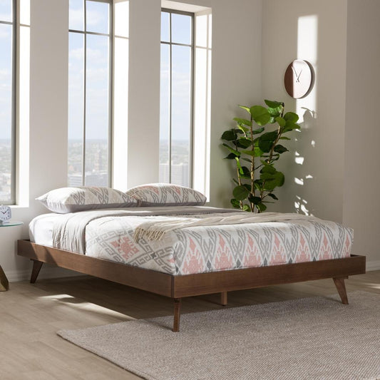 Baxton Studios Bed Queen Baxton Studio Jacob Mid-Century Modern Walnut Brown Finished Solid Wood Queen size Bed Frame