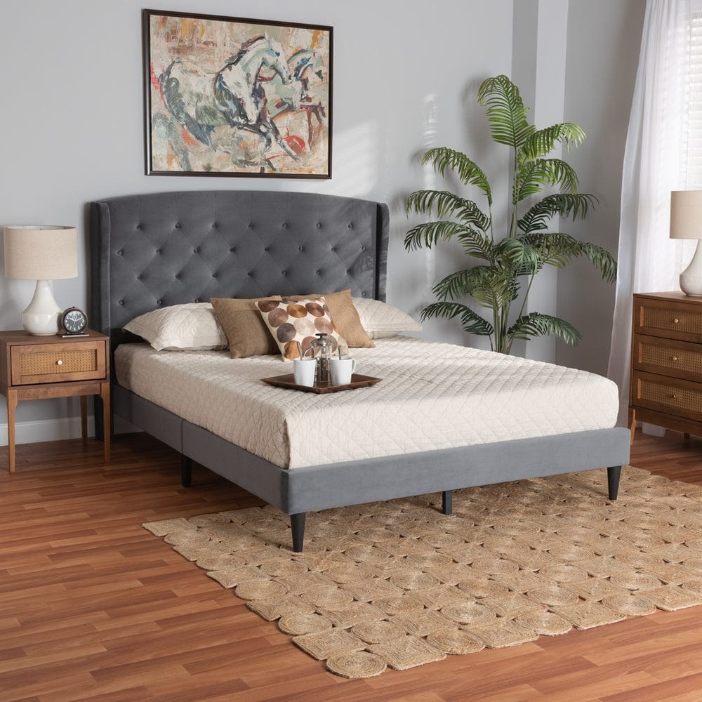 Baxton Studio Baxton Studio Joanna Modern and Contemporary Grey Velvet Fabric Upholstered and Dark Brown Finished Wood Platform Bed