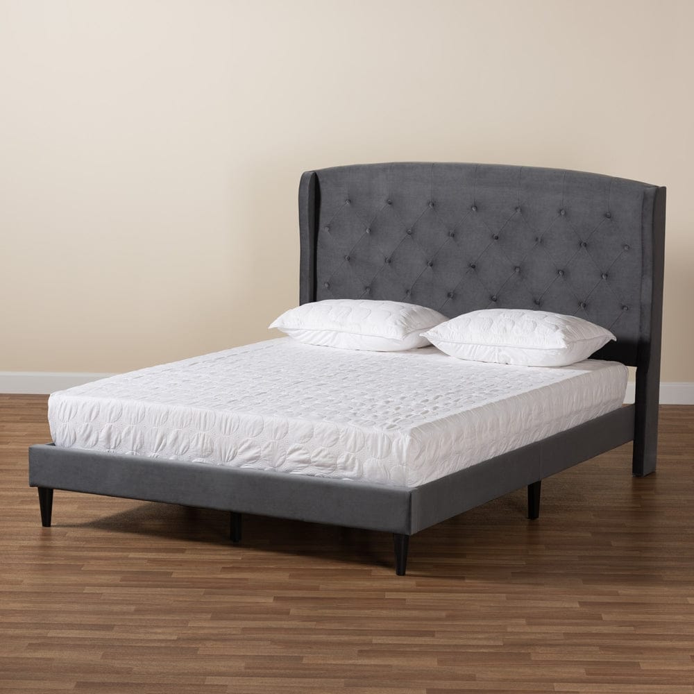 Baxton Studio Baxton Studio Joanna Modern and Contemporary Grey Velvet Fabric Upholstered and Dark Brown Finished Wood Platform Bed