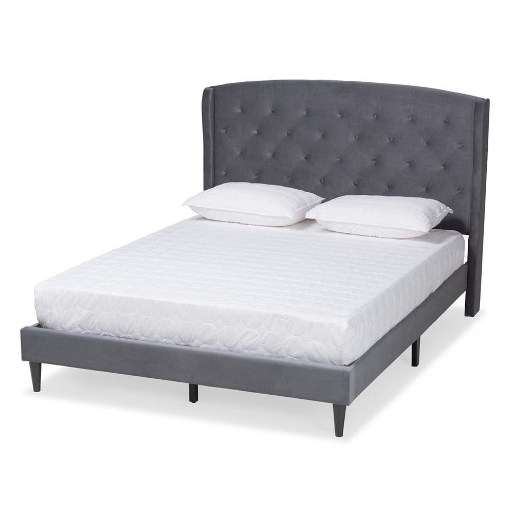 Baxton Studio Baxton Studio Joanna Modern and Contemporary Grey Velvet Fabric Upholstered and Dark Brown Finished Wood Platform Bed