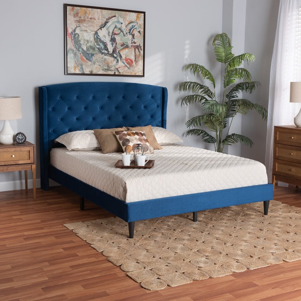 Baxton Studio Baxton Studio Joanna Modern and Contemporary Navy Blue Velvet Fabric Upholstered and Dark Brown Finished Wood Platform Bed