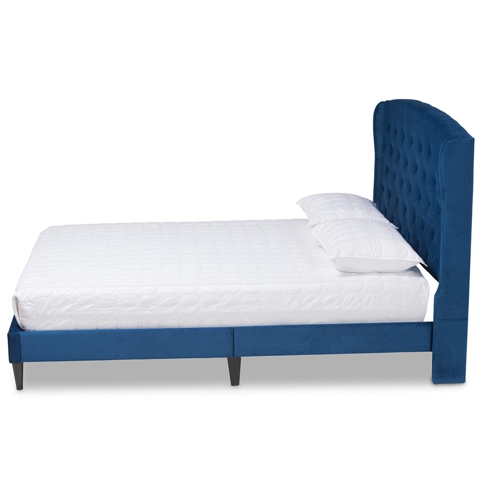 Baxton Studio Baxton Studio Joanna Modern and Contemporary Navy Blue Velvet Fabric Upholstered and Dark Brown Finished Wood Platform Bed
