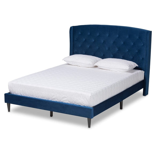 Baxton Studio Baxton Studio Joanna Modern and Contemporary Navy Blue Velvet Fabric Upholstered and Dark Brown Finished Wood Platform Bed Queen DV20812-Navy Blue Velvet-Queen