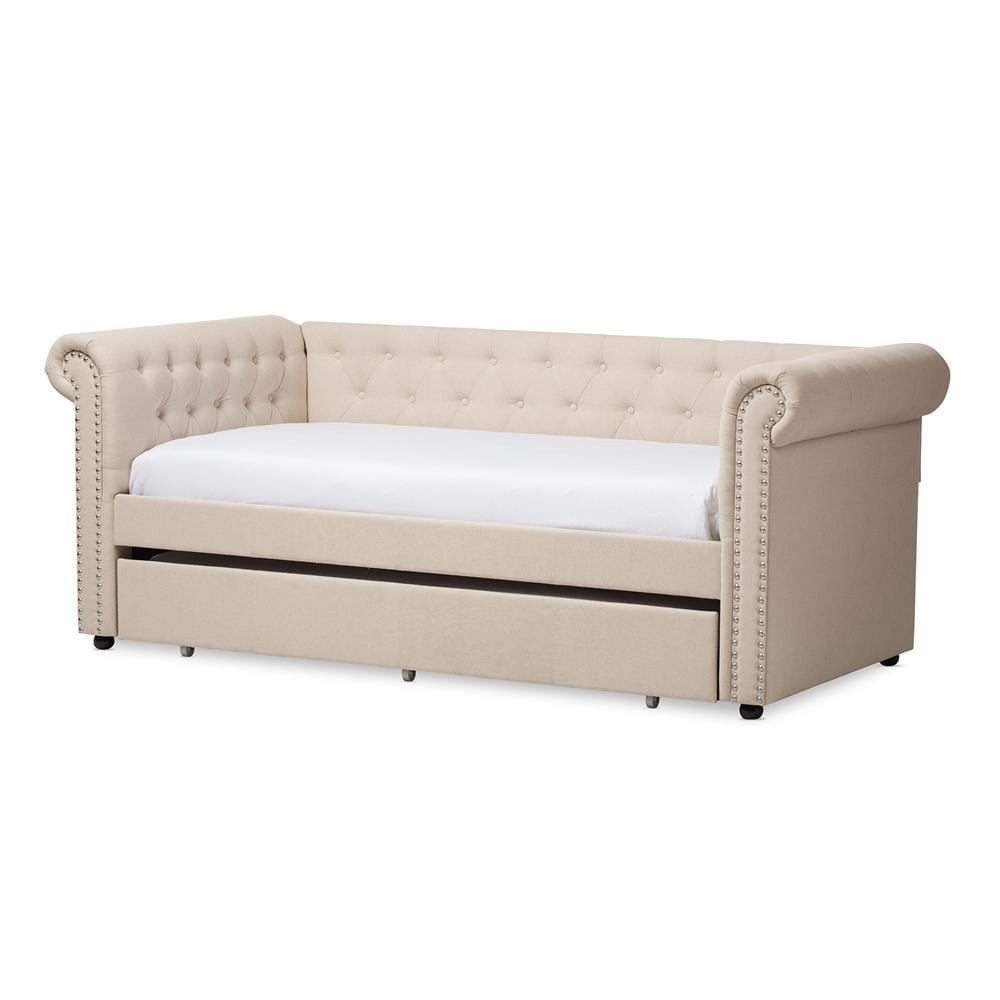 Baxton Studios Daybed Twin Baxton Studio Mabelle Modern and Contemporary Beige Fabric Upholstered Full Size Daybed with Trundle