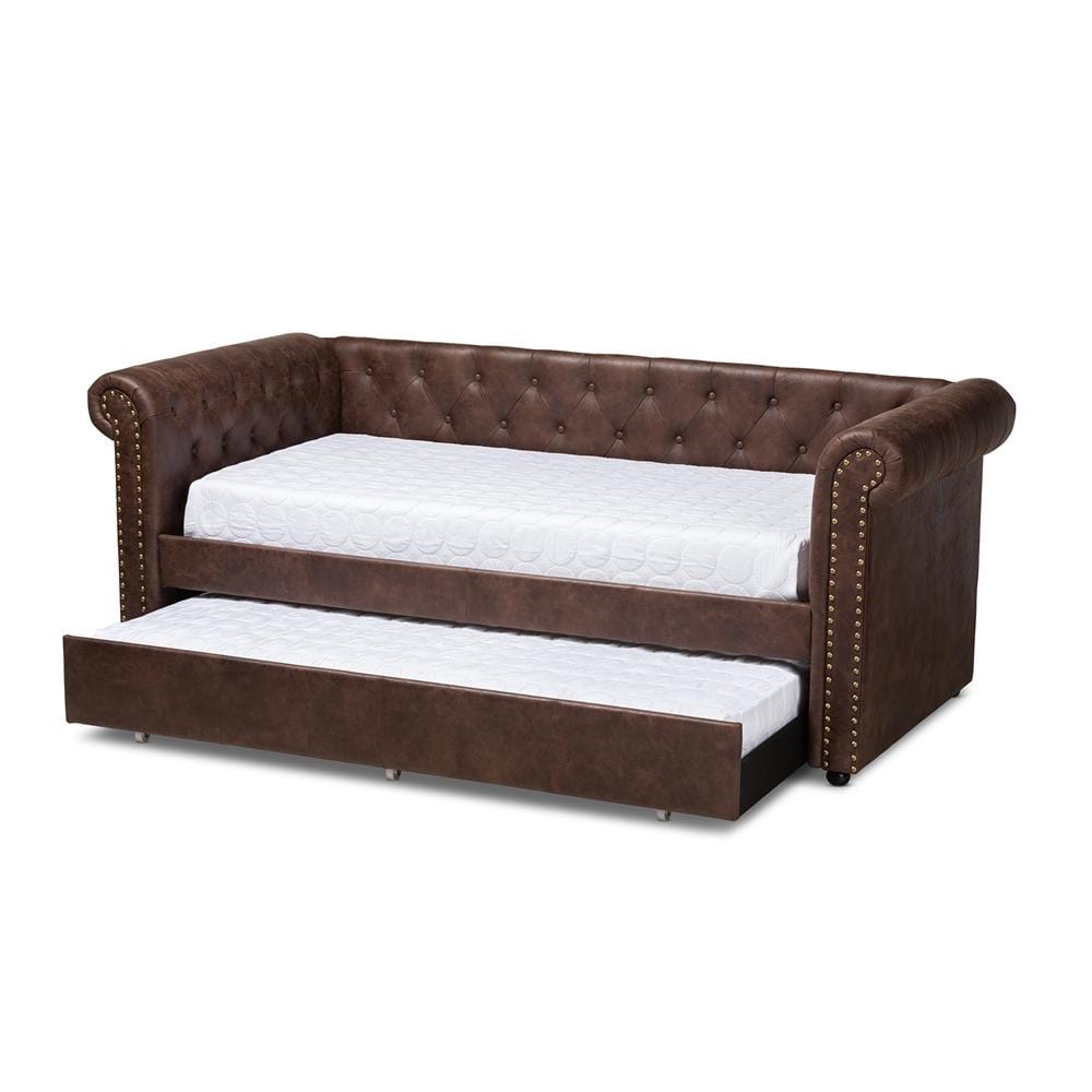 Baxton Studios Daybed Baxton Studio Mabelle Modern and Contemporary Brown Faux Leather Upholstered Daybed with Trundle