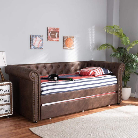 Baxton Studios Daybed Baxton Studio Mabelle Modern and Contemporary Brown Faux Leather Upholstered Daybed with Trundle