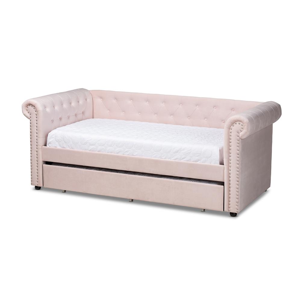 Baxton Studios Daybed Baxton Studio Mabelle Modern and Contemporary Light Pink Velvet Upholstered Daybed with Trundle