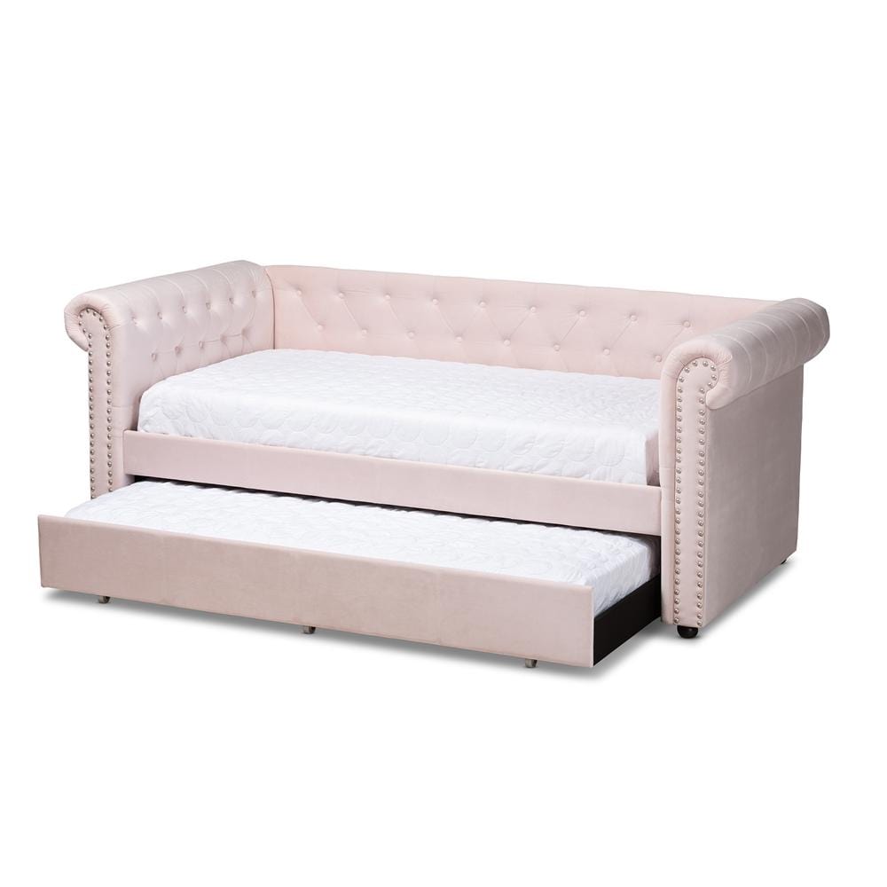 Baxton Studios Daybed Baxton Studio Mabelle Modern and Contemporary Light Pink Velvet Upholstered Daybed with Trundle
