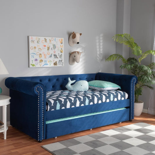 Baxton Studios Daybed Baxton Studio Mabelle Modern and Contemporary Navy Blue Velvet Upholstered Daybed with Trundle