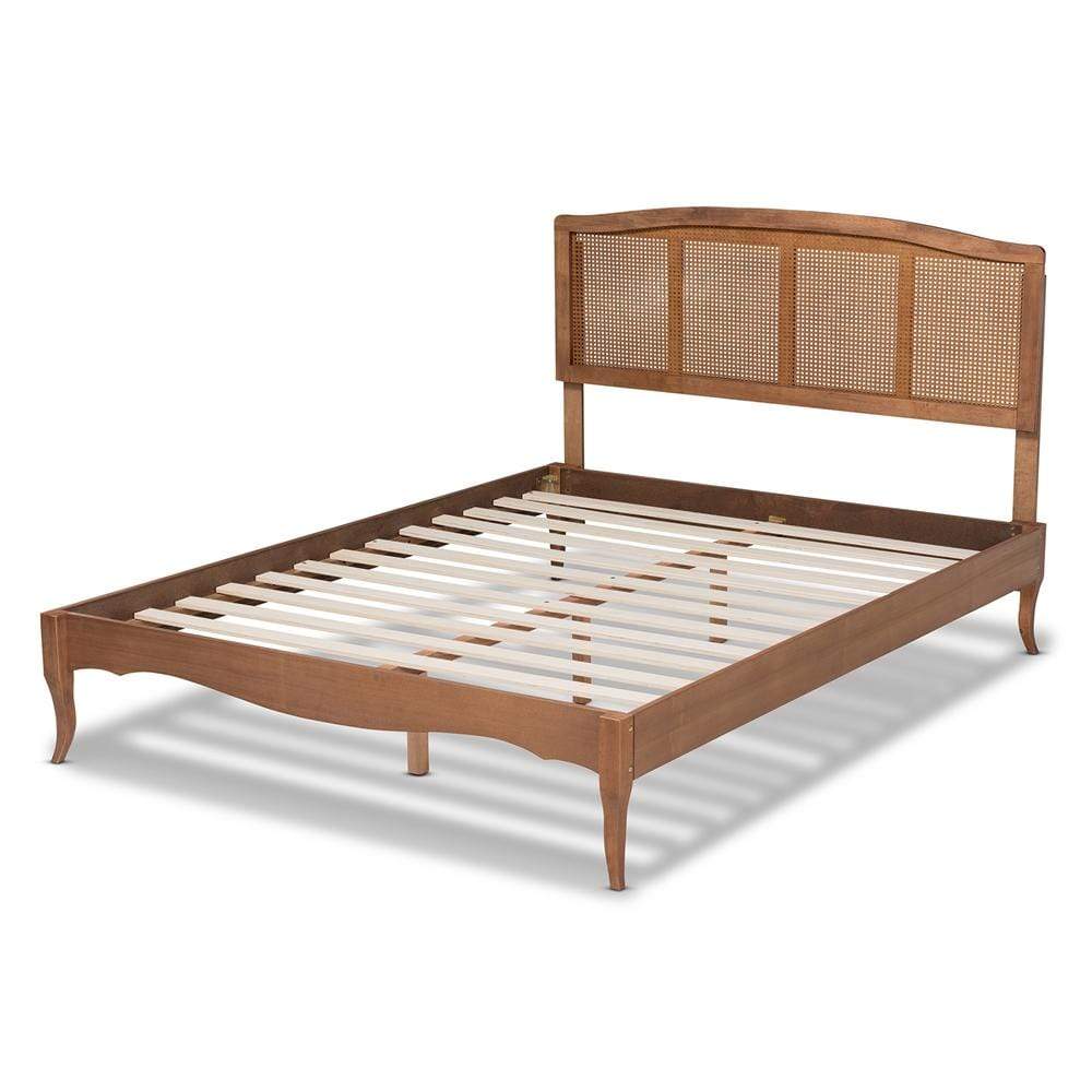 Baxton Studios Bed Baxton Studio Marieke Vintage French Inspired Ash Walnut Finished Wood and Synthetic Rattan Queen Size Platform Bed