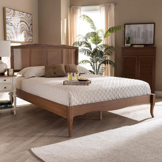 Baxton Studios Bed Baxton Studio Marieke Vintage French Inspired Ash Walnut Finished Wood and Synthetic Rattan Queen Size Platform Bed