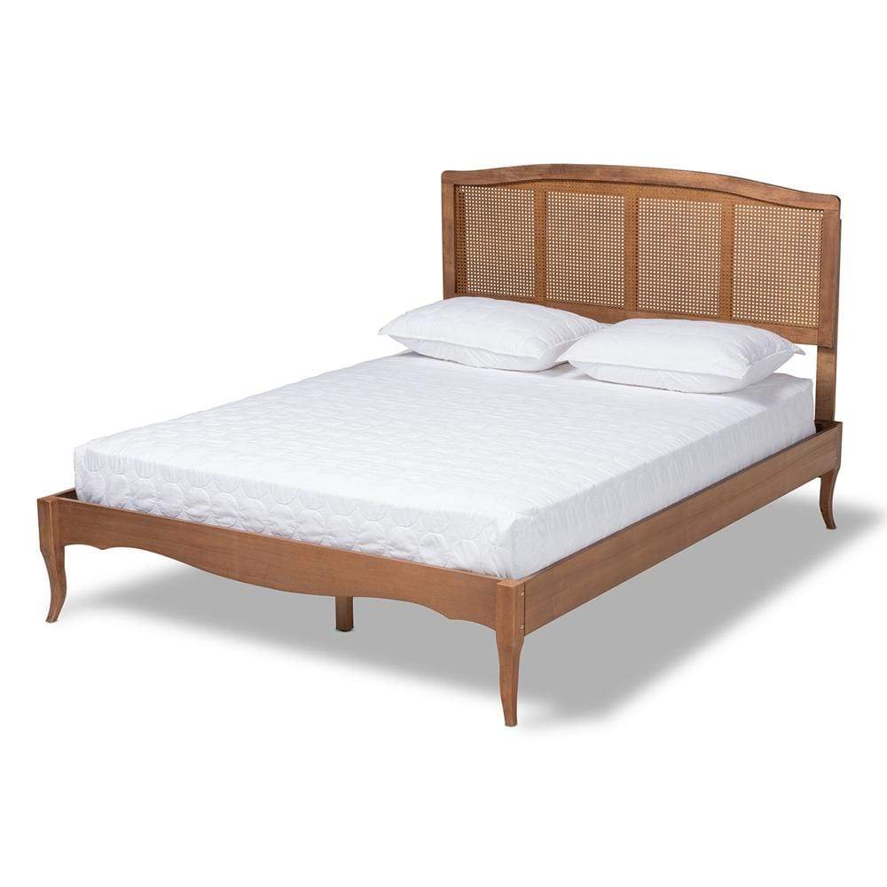 Baxton Studios Bed queen Baxton Studio Marieke Vintage French Inspired Ash Walnut Finished Wood and Synthetic Rattan Queen Size Platform Bed