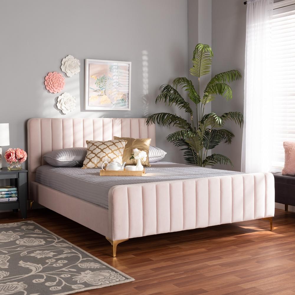 Baxton Studios Bed king / light pink Baxton Studio Nami Modern Contemporary Glam and Luxe Light Pink Velvet Fabric Upholstered and Gold Finished King Size Platform Bed