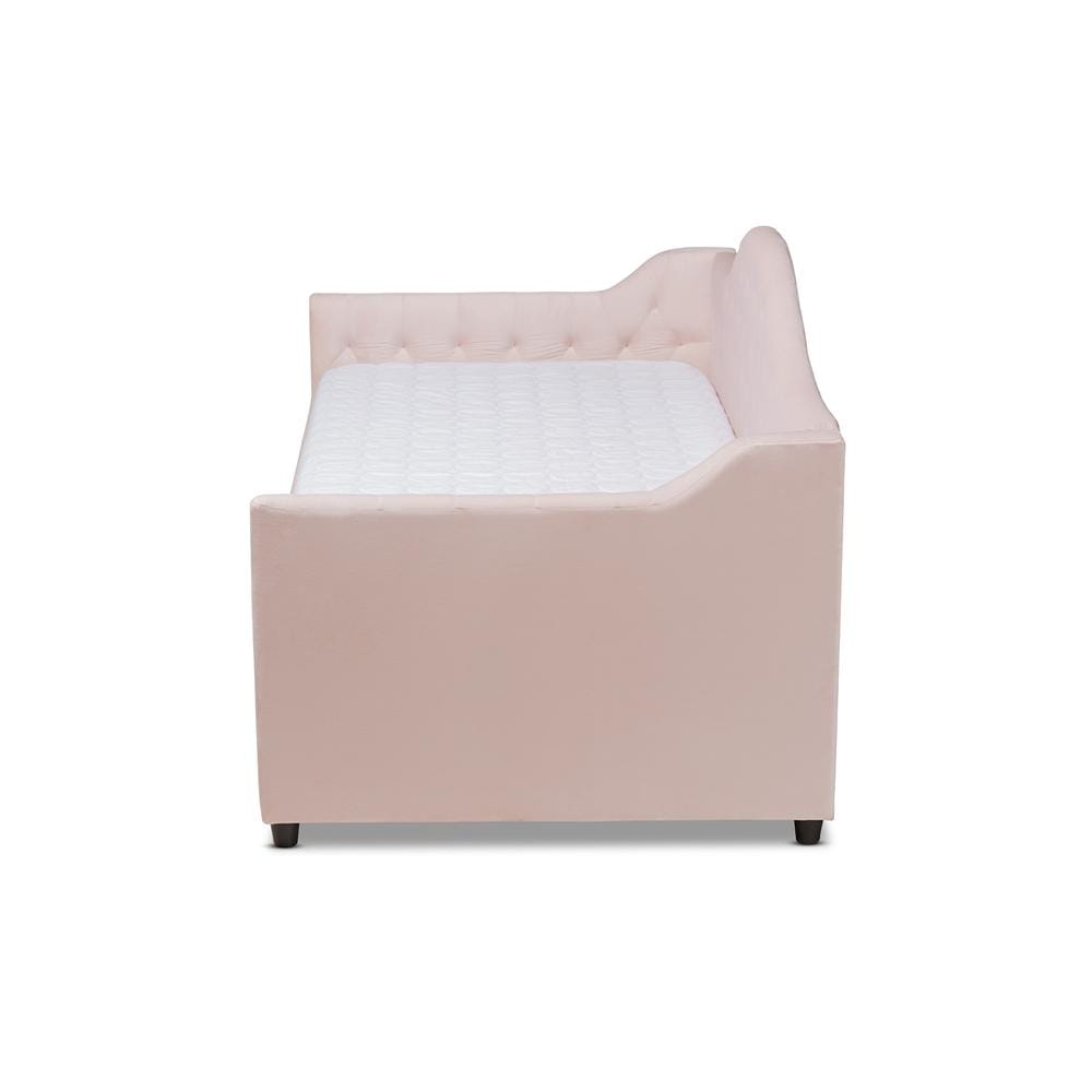 Baxton Studios Daybed Baxton Studio Perry Modern and Contemporary Light Pink Velvet Fabric Upholstered and Button Tufted Twin Size Daybed with Trundle