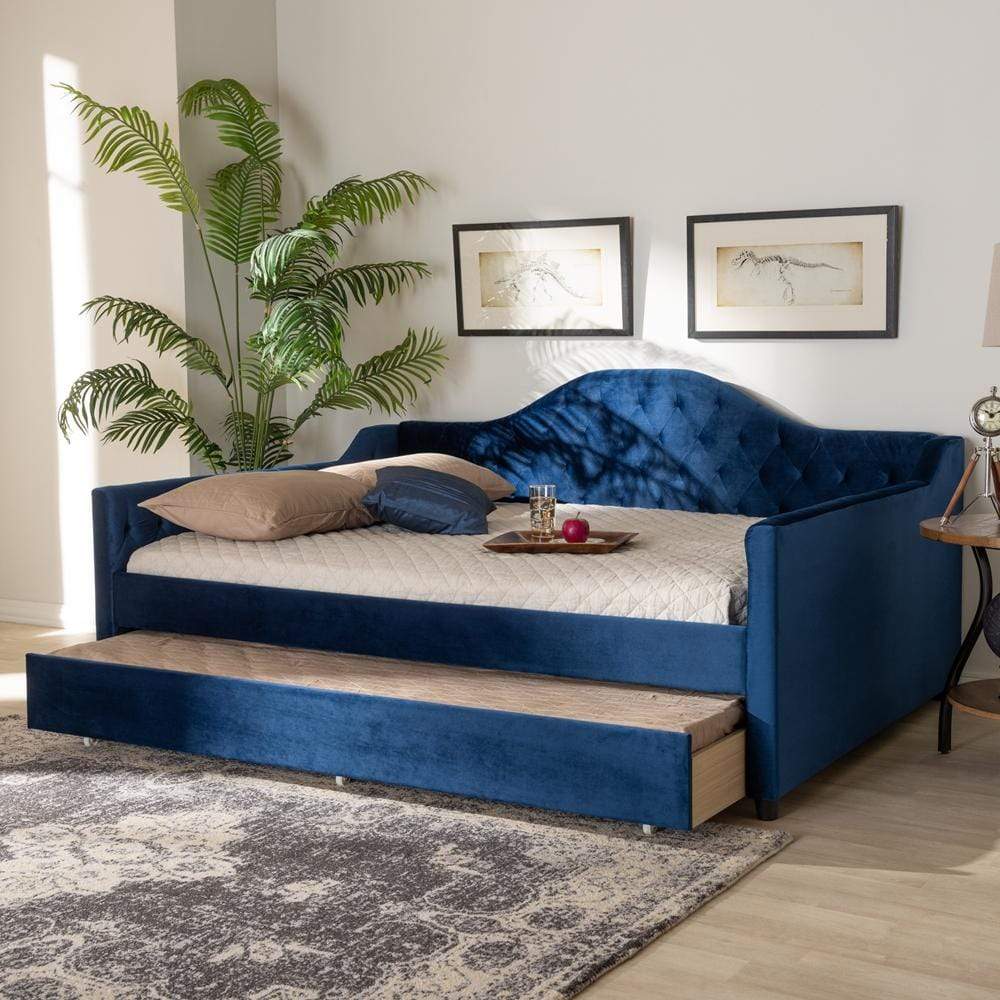 Baxton Studios Daybed Full / Navy Blue Baxton Studio Perry Modern and Contemporary Light Pink Velvet Fabric Upholstered and Button Tufted Twin Size Daybed with Trundle