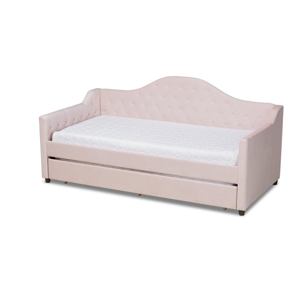 Baxton Studios Daybed Twin / Light Pink Baxton Studio Perry Modern and Contemporary Light Pink Velvet Fabric Upholstered and Button Tufted Twin Size Daybed with Trundle