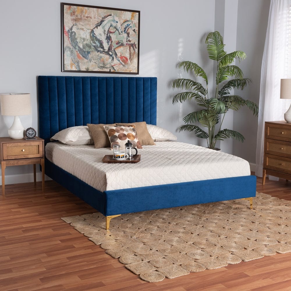 Baxton Studio Baxton Studio Serrano Contemporary Glam and Luxe Navy Blue Velvet Fabric Upholstered and Gold Metal Queen Size Platform Bed