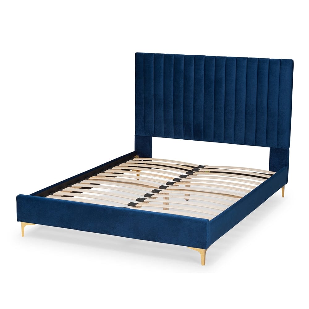 Baxton Studio Baxton Studio Serrano Contemporary Glam and Luxe Navy Blue Velvet Fabric Upholstered and Gold Metal Queen Size Platform Bed