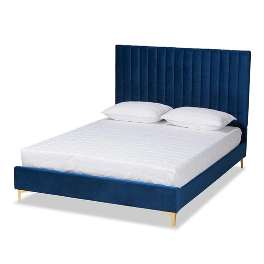 Baxton Studio Baxton Studio Serrano Contemporary Glam and Luxe Navy Blue Velvet Fabric Upholstered and Gold Metal Queen Size Platform Bed Queen BBT61079.11-Navy Blue Velvet/Gold-Queen