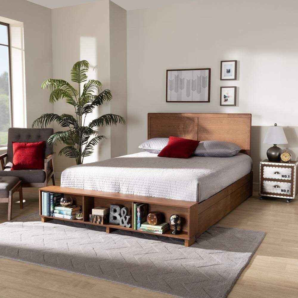 Baxton Studios Bed Baxton Studio Tamsin Modern Transitional Ash Walnut Brown Finished Wood Queen Size 4-Drawer Platform Storage Bed with Built-in Shelves